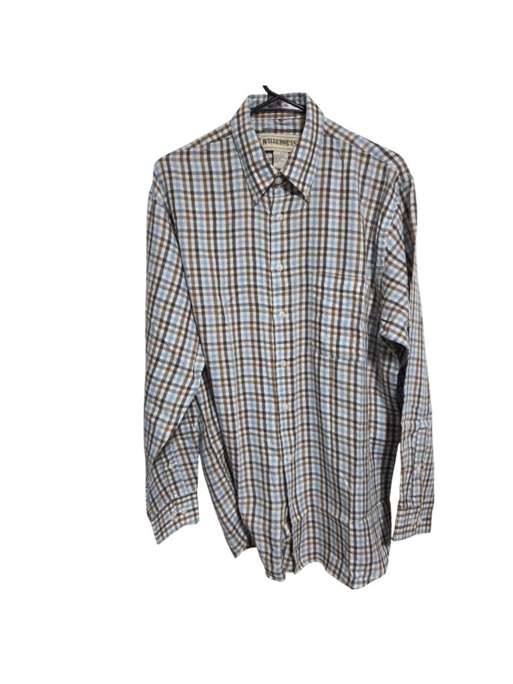Wilderness Plaid Button Up Shirt Size Large Blue Brown Long Sleeve 100% Cotton